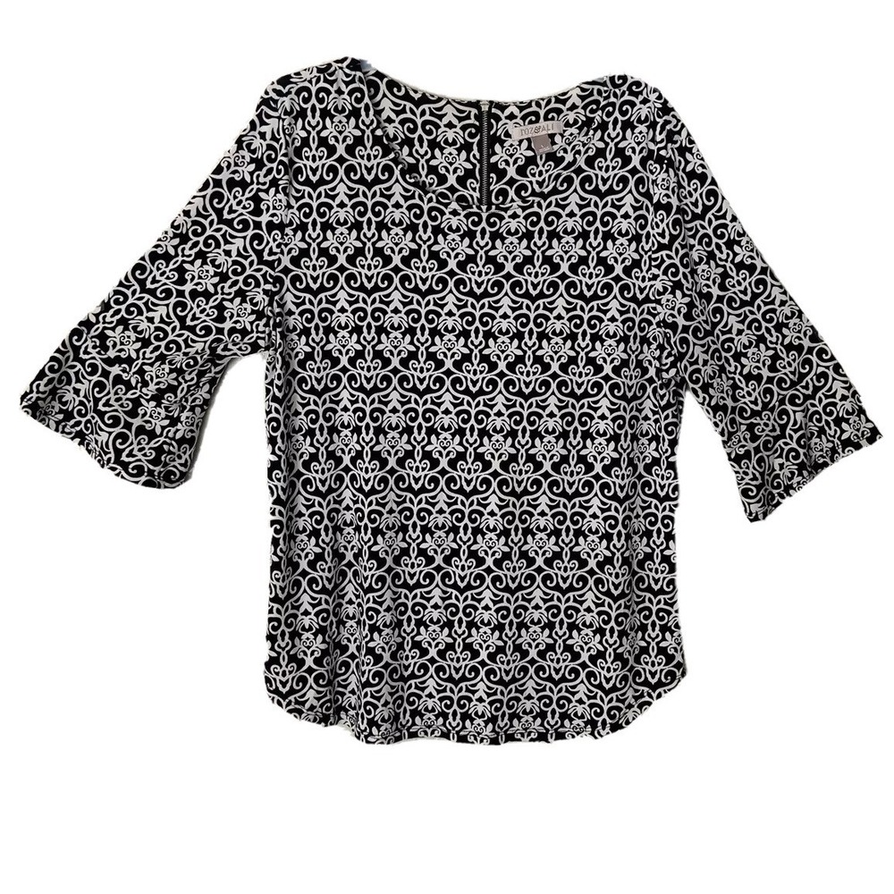 ROZ & ALI BLACK AND WHITE‎ WOMENS 3/4 SLEEVE SHIRT SIZE L BZ